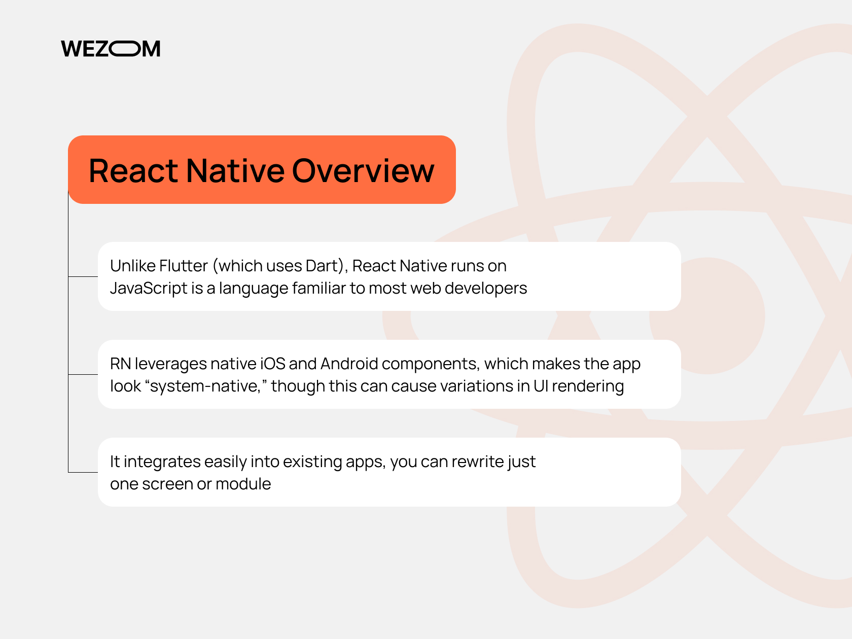 React Native overview highlighting key points of React Native vs Flutter: JavaScript language, native components, flexible app integration